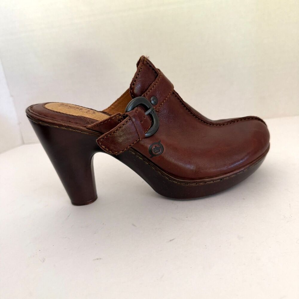 Born, Brown Leather Buckle Chunky Clog Heeled Mules, 7 Granola Whimsigoth